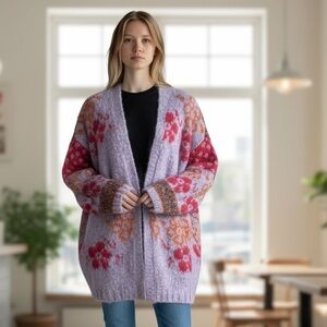 NEW Altar'd State Floral Knit Cardigan - Purple and Red Open Front Cozy Oversize